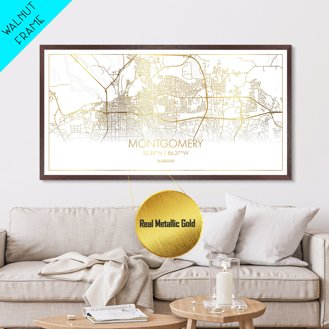 Montgomery Alabama City Poster, Metallic Gold Art, Metal Art, real wood frames, black and gold, Street Map Art, Office Decor