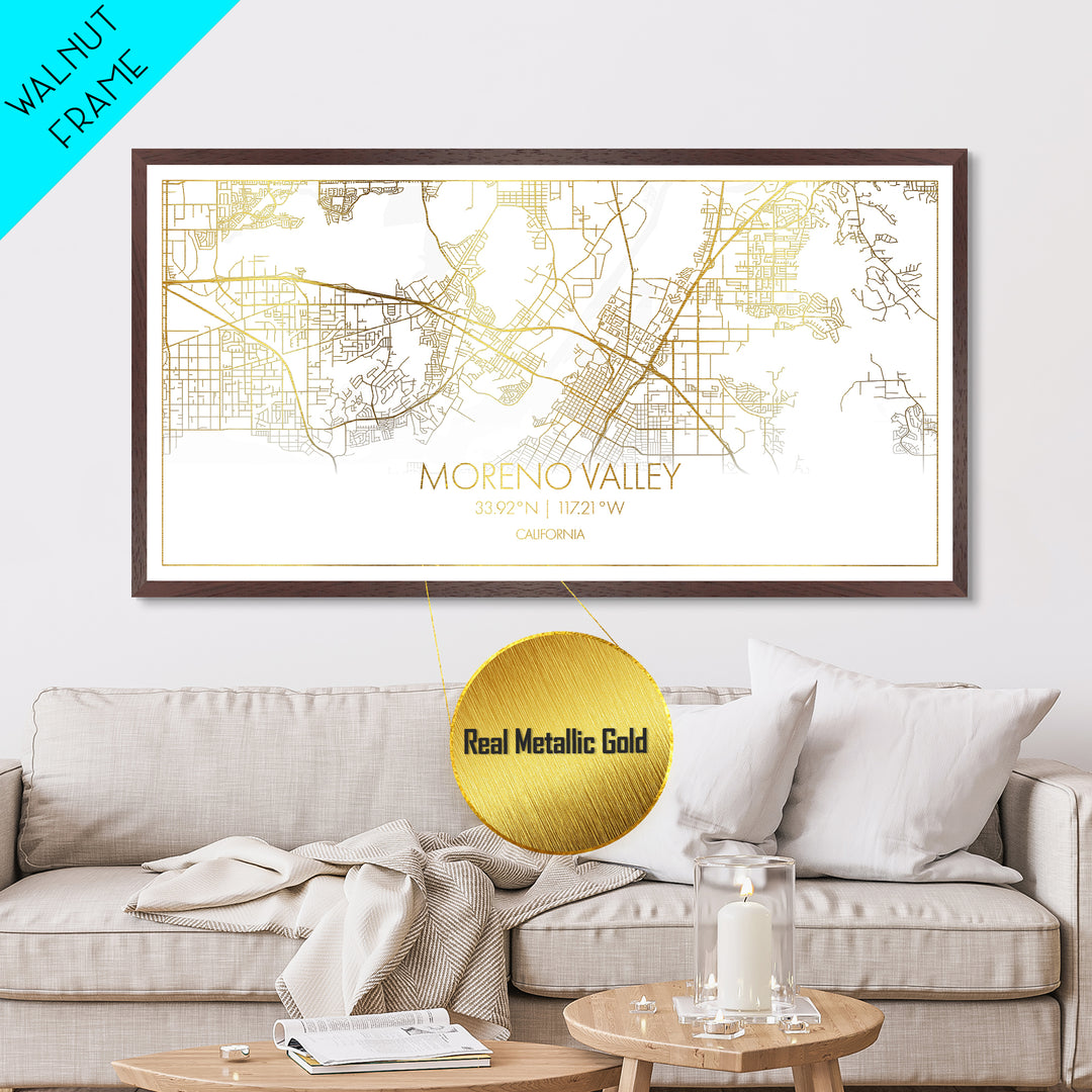 Moreno Valley California City street map, Metallic Gold Print, Metal Art, wood framed map, black and gold, Street Map Wall Art, Best Friend Gifts