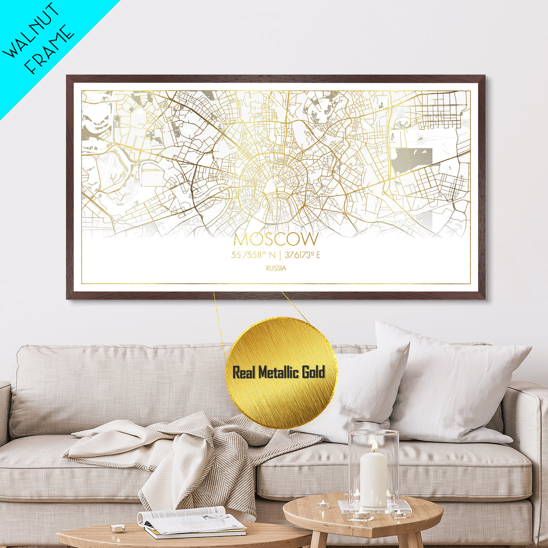 Moscow Russia City Poster, Metallic Gold Art, Metal Art, real wood frames, black and gold, Street Map Art, College Dorm Décor