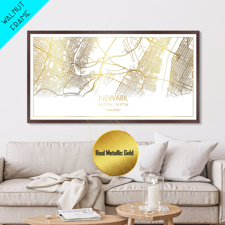 Newark New Jersey City street map, Metallic Gold Print, Metal Art, wood framed map, black and gold, Street Map Wall Art, Office Decor
