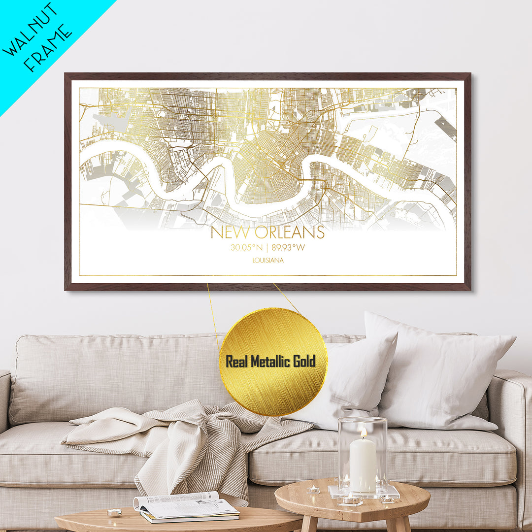 New Orleans Louisiana City Poster, Metallic Gold Art, Metal Art, real wood frames, black and gold, Street Map Art, Housewarming Gift