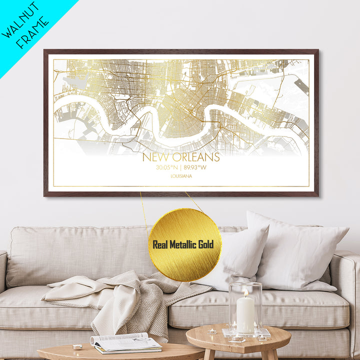New Orleans Louisiana City Poster, Metallic Gold Art, Metal Art, real wood frames, black and gold, Street Map Art, Housewarming Gift