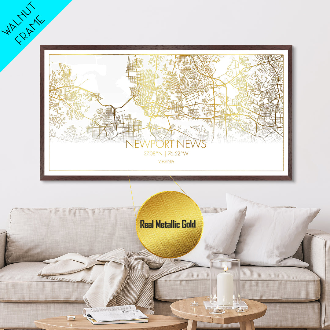 Newport News Virginia City street map, Metallic Gold Print, Metal Art, wood framed map, black and gold, Street Map Wall Art, Travel Poster