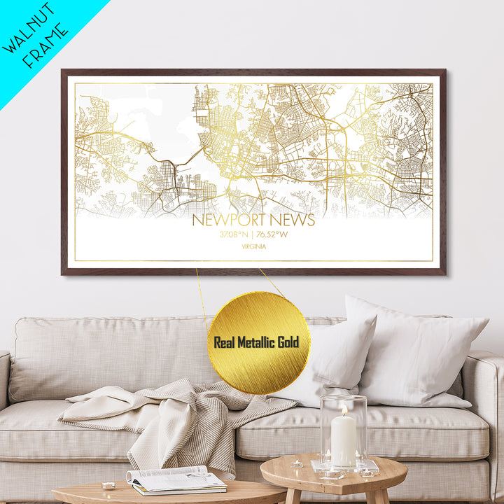 Newport News Virginia City street map, Metallic Gold Print, Metal Art, wood framed map, black and gold, Street Map Wall Art, Travel Poster