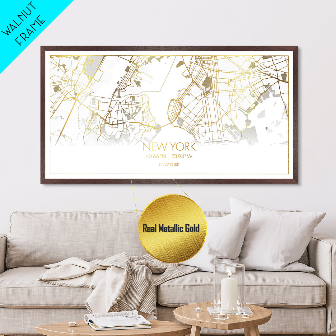 New York New York City Poster, Metallic Gold Art, Metal Art, real wood frames, black and gold, Street Map Art, College Dorm Décor