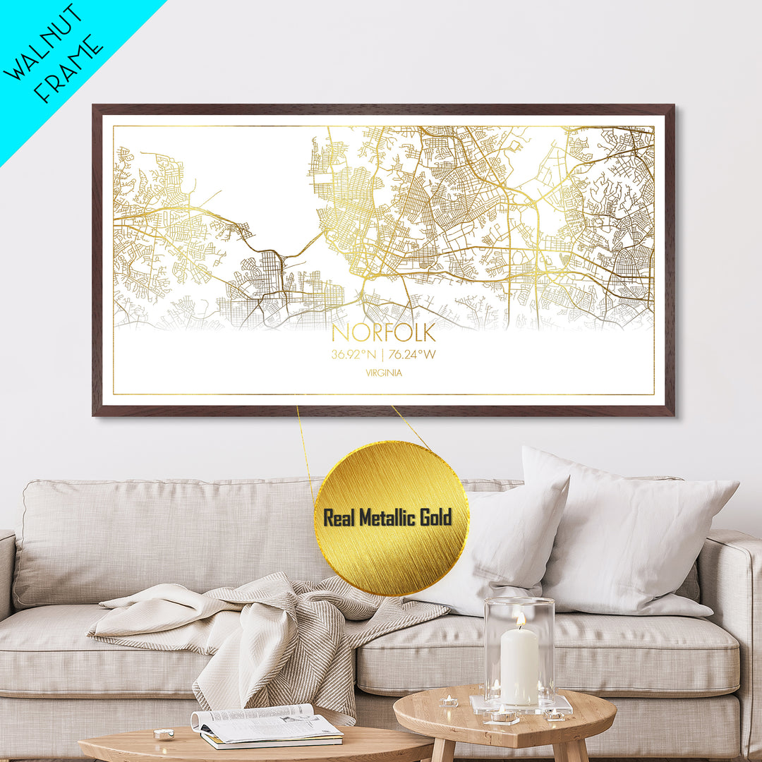 Norfolk Virginia City street map, Metallic Gold Print, Metal Art, wood framed map, black and gold, Street Map Wall Art, Best Friend Gifts