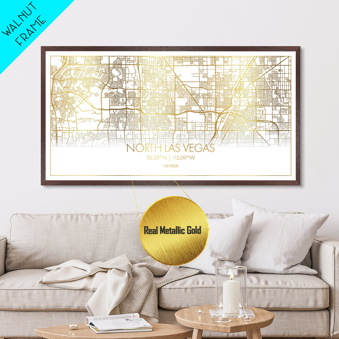 North Las Vegas Nevada City Poster, Metallic Gold Art, Metal Art, real wood frames, black and gold, Street Map Art, Modern House Art