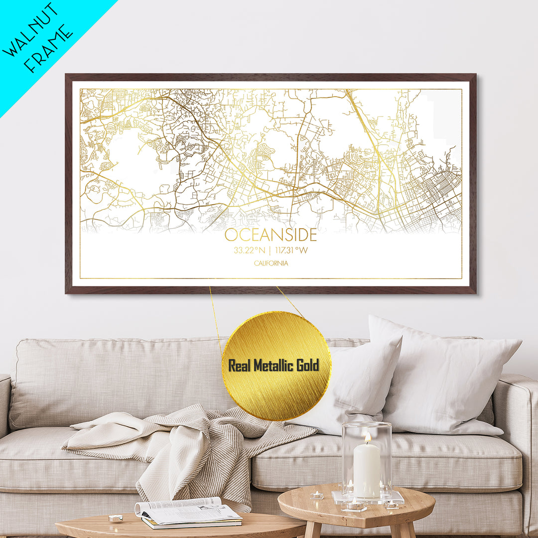 Oceanside California City Poster, Metallic Gold Art, Metal Art, real wood frames, black and gold, Street Map Art, Housewarming Gift
