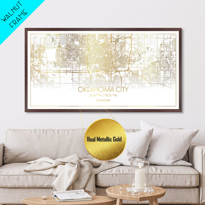 Oklahoma City Oklahoma City street map, Metallic Gold Print, Metal Art, wood framed map, black and gold, Street Map Wall Art, Travel Poster