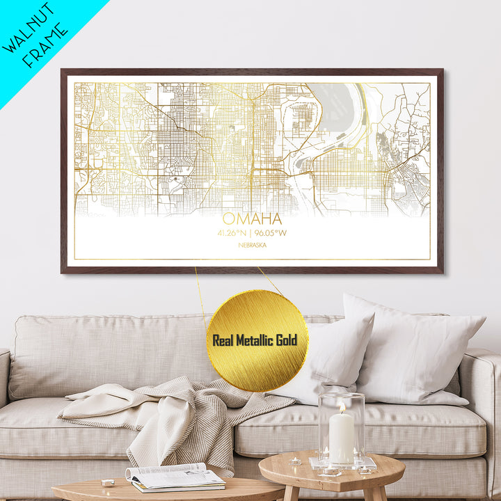 Omaha Nebraska City Poster, Metallic Gold Art, Metal Art, real wood frames, black and gold, Street Map Art, Best Friend Gifts