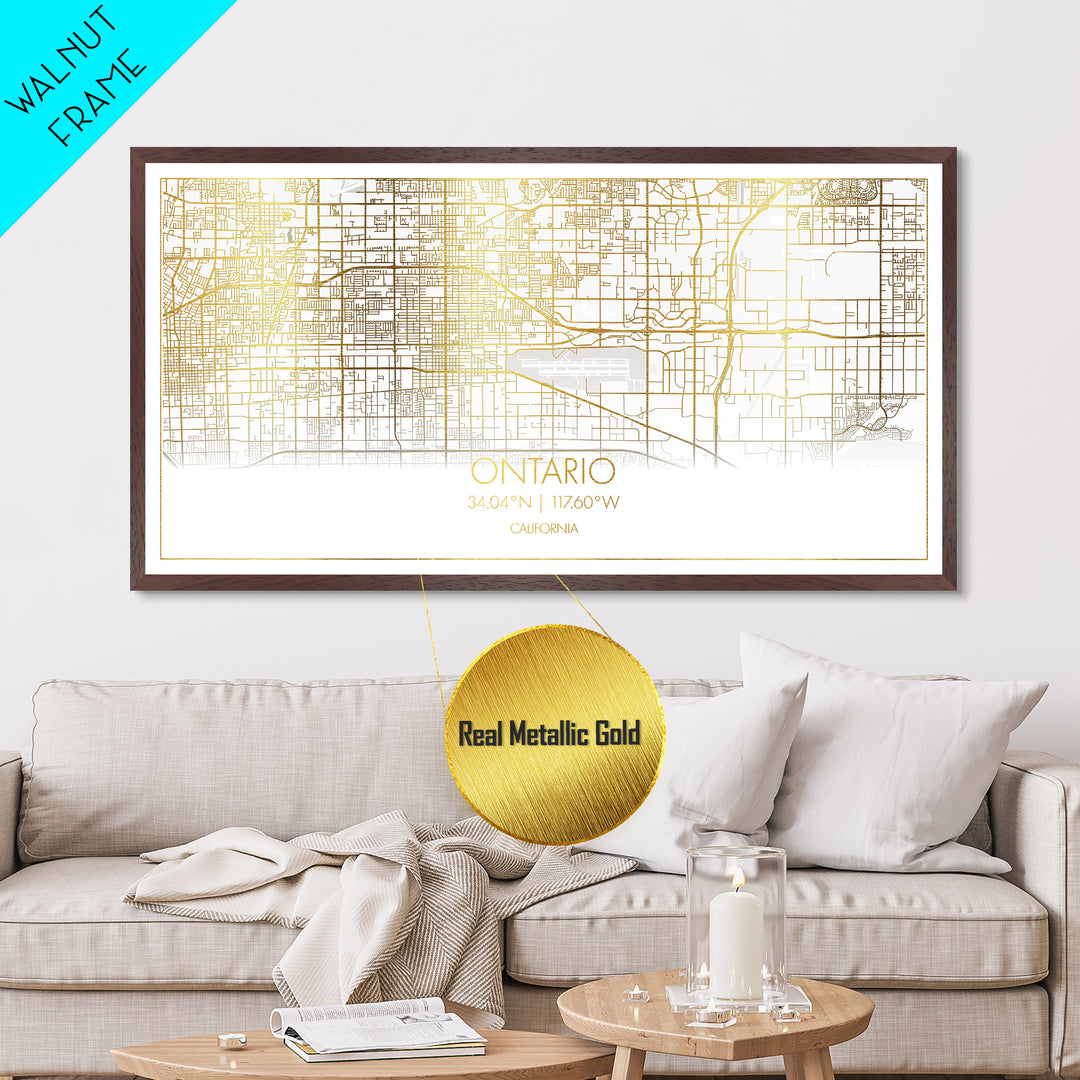 Ontario California City street map, Metallic Gold Print, Metal Art, wood framed map, black and gold, Street Map Wall Art, Minimalist Wall Art