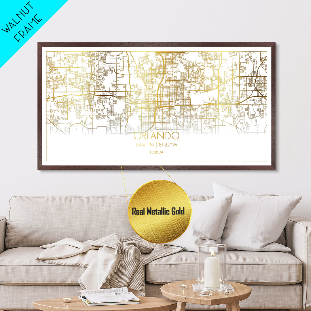 Orlando Florida City Poster, Metallic Gold Art, Metal Art, real wood frames, black and gold, Street Map Art, Modern Wall Art