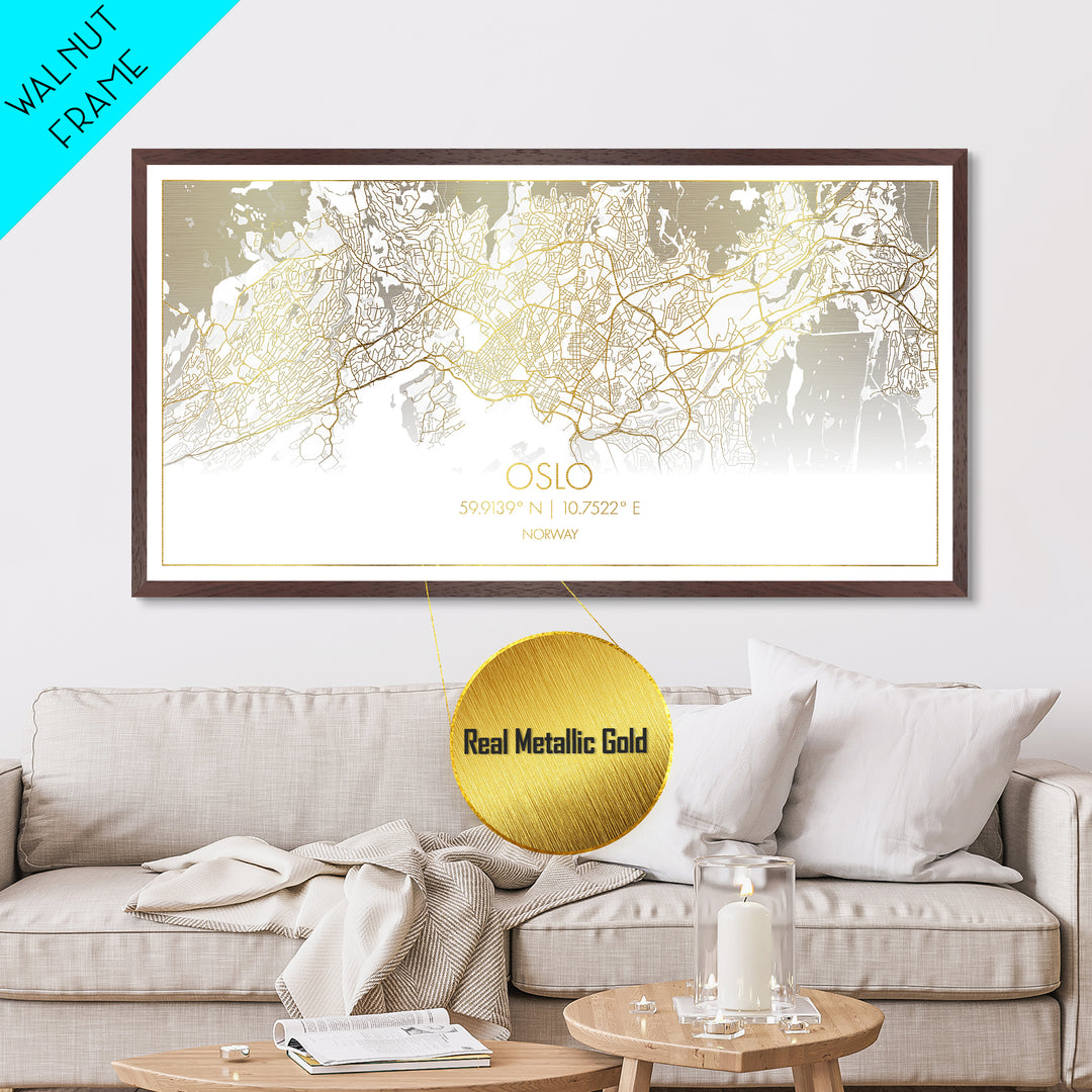 Oslo Norway City street map, Metallic Gold Print, Metal Art, wood framed map, black and gold, Street Map Art, Minimalist Wall Art