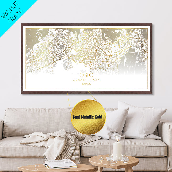 Oslo Norway City street map, Metallic Gold Print, Metal Art, wood framed map, black and gold, Street Map Art, Minimalist Wall Art