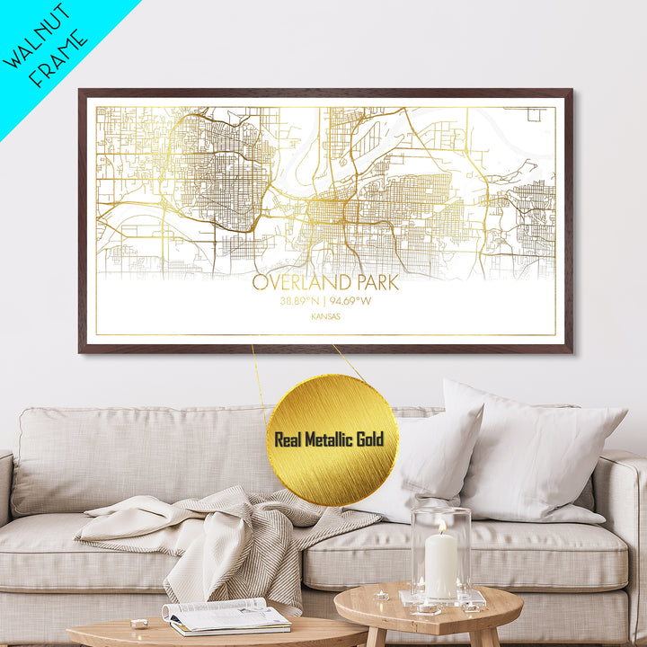 Overland Park Kansas City Poster, Metallic Gold Art, Metal Art, real wood frames, black and gold, Street Map Wall Art, Modern Wall Art