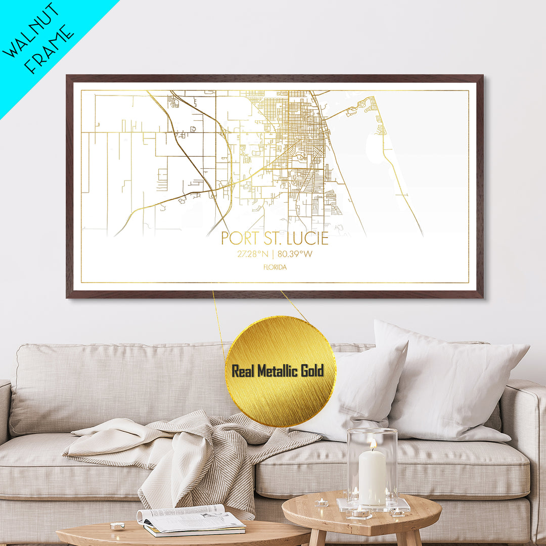 Port St. Lucie Florida City Poster, Metallic Gold Art, Metal Art, real wood frames, black and gold, Street Map Wall Art, Housewarming Gift