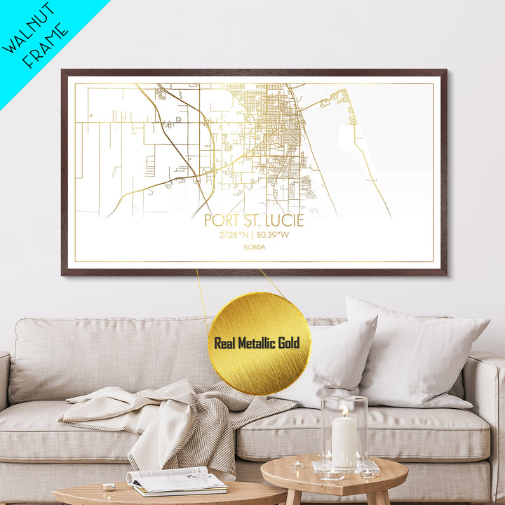 Port St. Lucie Florida City Poster, Metallic Gold Art, Metal Art, real wood frames, black and gold, Street Map Wall Art, Housewarming Gift