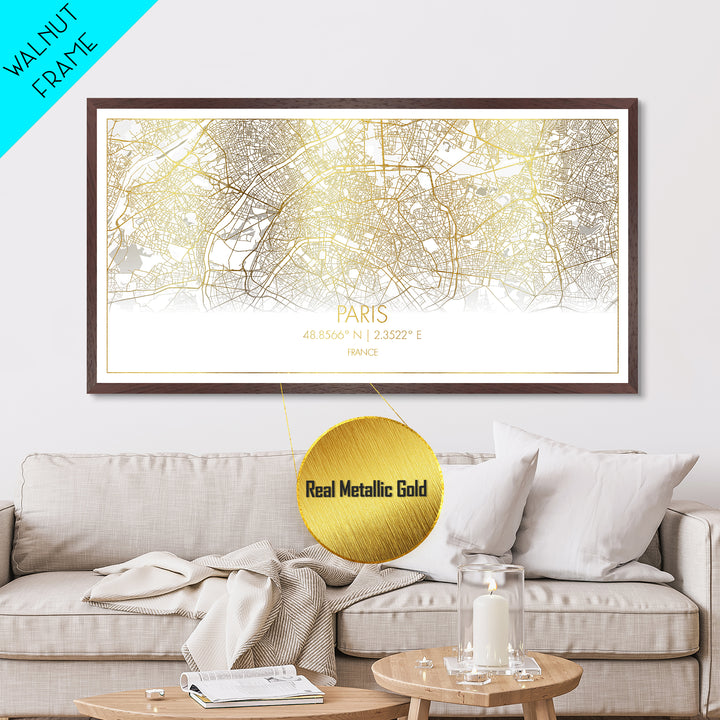 Paris France City Poster, Metallic Gold Art, Metal Art, real wood frames, black and gold, Street Map Wall Art, Gold Street Map Art