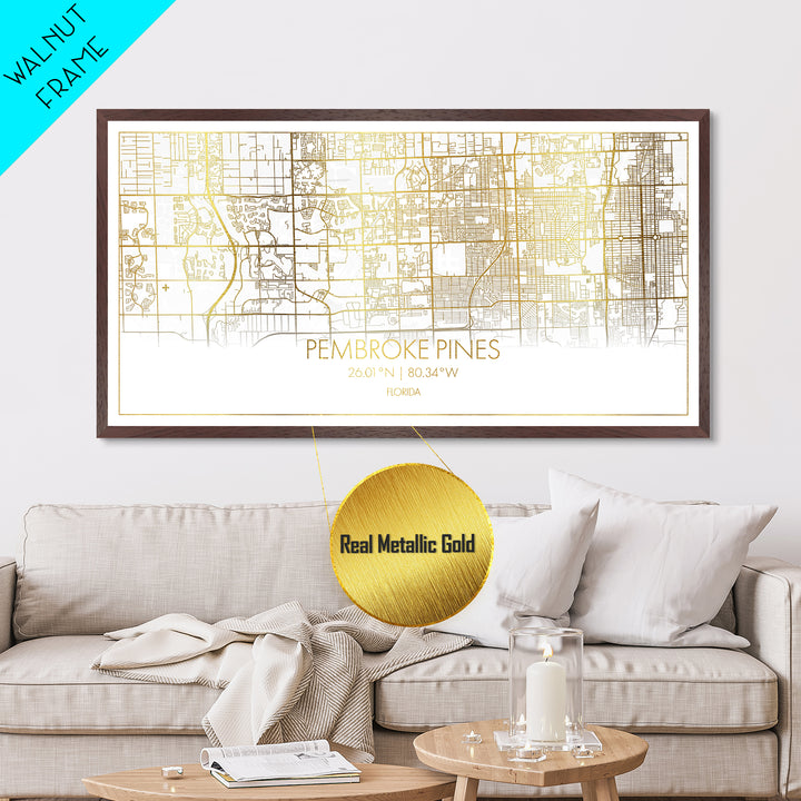 Pembroke Pines Florida City street map, Metallic Gold Print, Metal Art, wood framed map, black and gold, Street Map Art, Best Friend Gifts