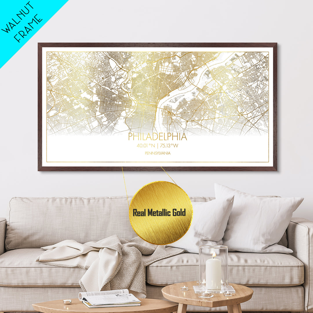 Philadelphia Pennsylvania City street map, Metallic Gold Print, Metal Art, wood framed map, black and gold, Street Map Art, Housewarming Gift