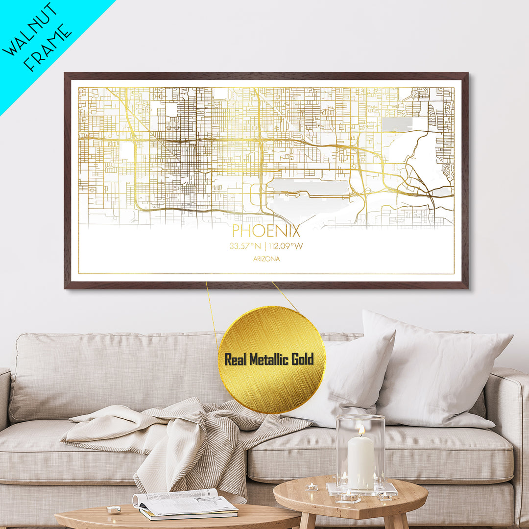 Phoenix Arizona City Poster, Metallic Gold Art, Metal Art, real wood frames, black and gold, Street Map Wall Art, Minimalist Wall Art