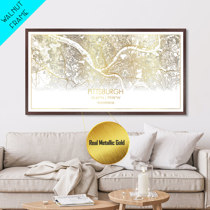 Pittsburgh Pennsylvania City street map, Metallic Gold Print, Metal Art, wood framed map, black and gold, Street Map Art, Real Wood Frames
