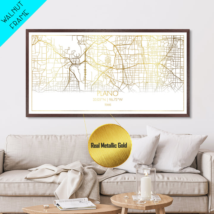 Plano Texas City Poster, Metallic Gold Art, Metal Art, real wood frames, black and gold, Street Map Wall Art, Gold Street Map Art