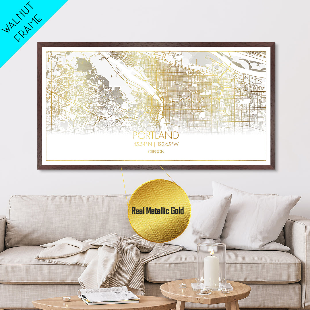 Portland Oregon City street map, Metallic Gold Print, Metal Art, wood framed map, black and gold, Street Map Art, Travel Poster