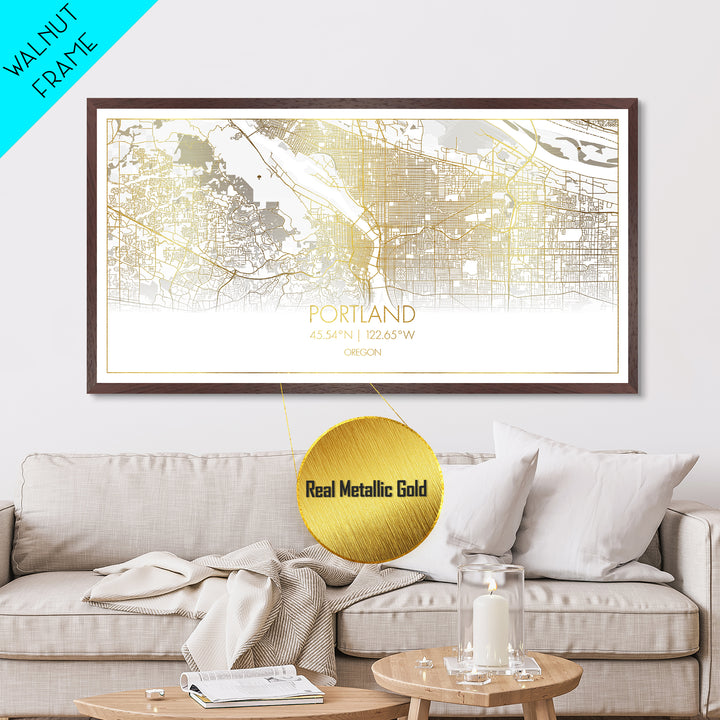 Portland Oregon City street map, Metallic Gold Print, Metal Art, wood framed map, black and gold, Street Map Art, Travel Poster