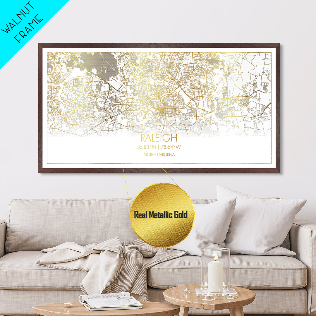 Raleigh North Carolina City street map, Metallic Gold Print, Metal Art, wood framed map, black and gold, Street Map Art, Minimalist Wall Art