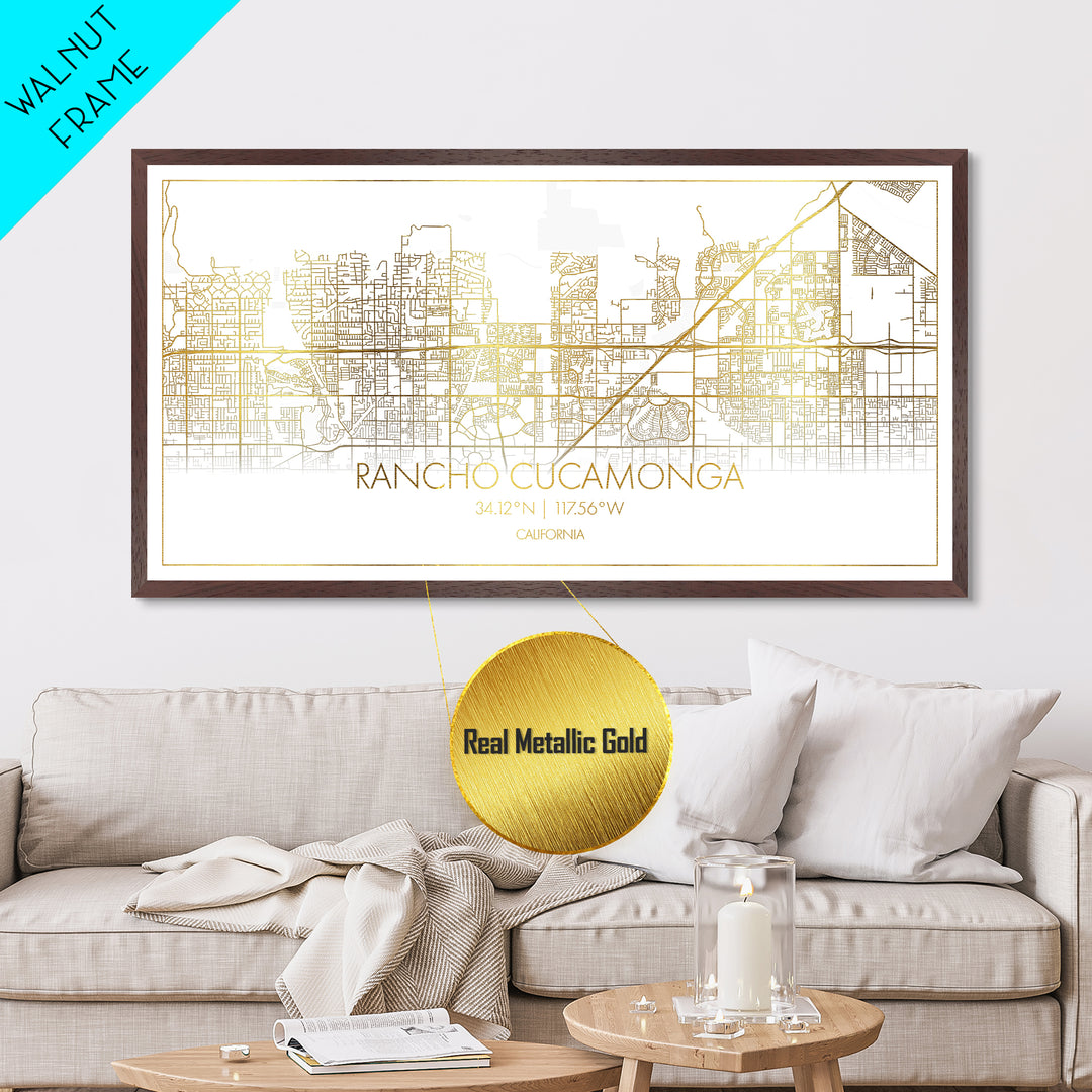 Rancho Cucamonga California City Poster, Metallic Gold Art, Metal Art, real wood frames, black and gold, Street Map Wall Art, College Dorm Décor