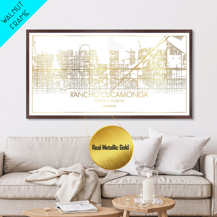Rancho Cucamonga California City Poster, Metallic Gold Art, Metal Art, real wood frames, black and gold, Street Map Wall Art, College Dorm Décor