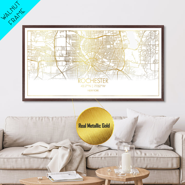Rochester New York City Poster, Metallic Gold Art, Metal Art, real wood frames, black and gold, Street Map Wall Art, Gold Street Map Art
