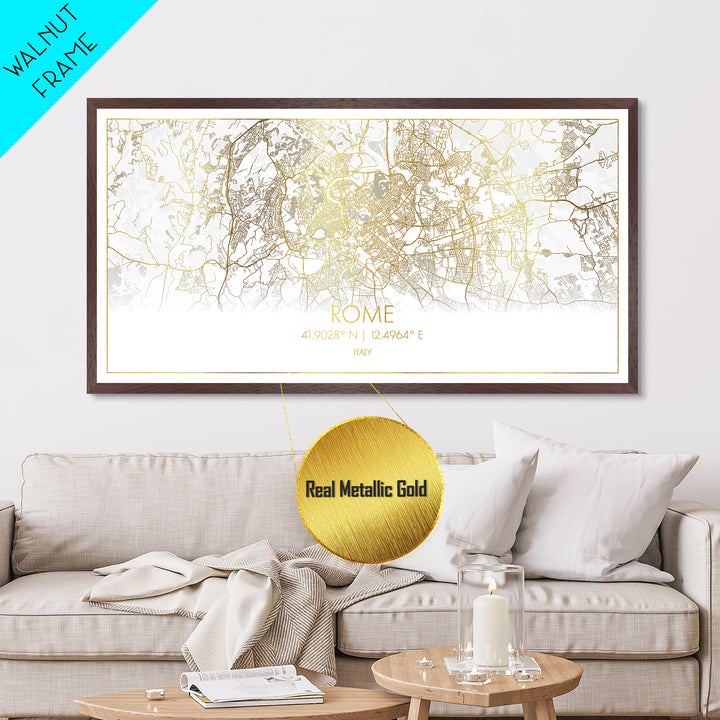Rome Italy City street map, Metallic Gold Print, Metal Art, wood framed map, black and gold, Street Map Art, Modern Wall Art