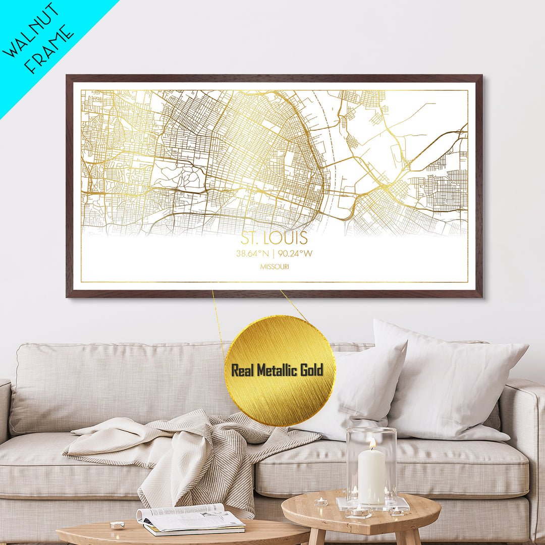 St. Louis Missouri City street map, Metallic Gold Print, Metal Art, wood framed map, black and gold, Street Map Art, Gold Street Map Art