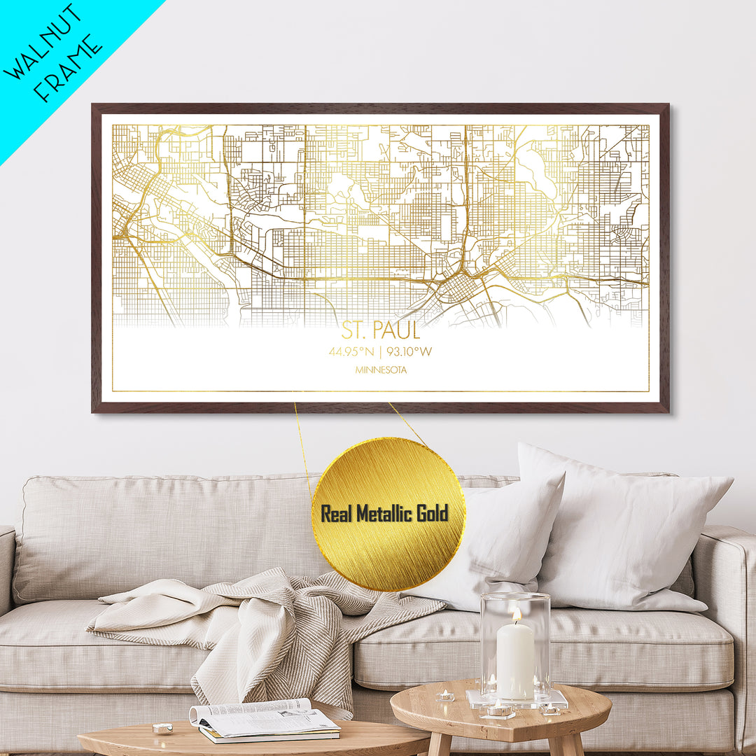 St. Paul Minnesota City Poster, Metallic Gold Art, Metal Art, real wood frames, black and gold, Street Map Wall Art, Map Art