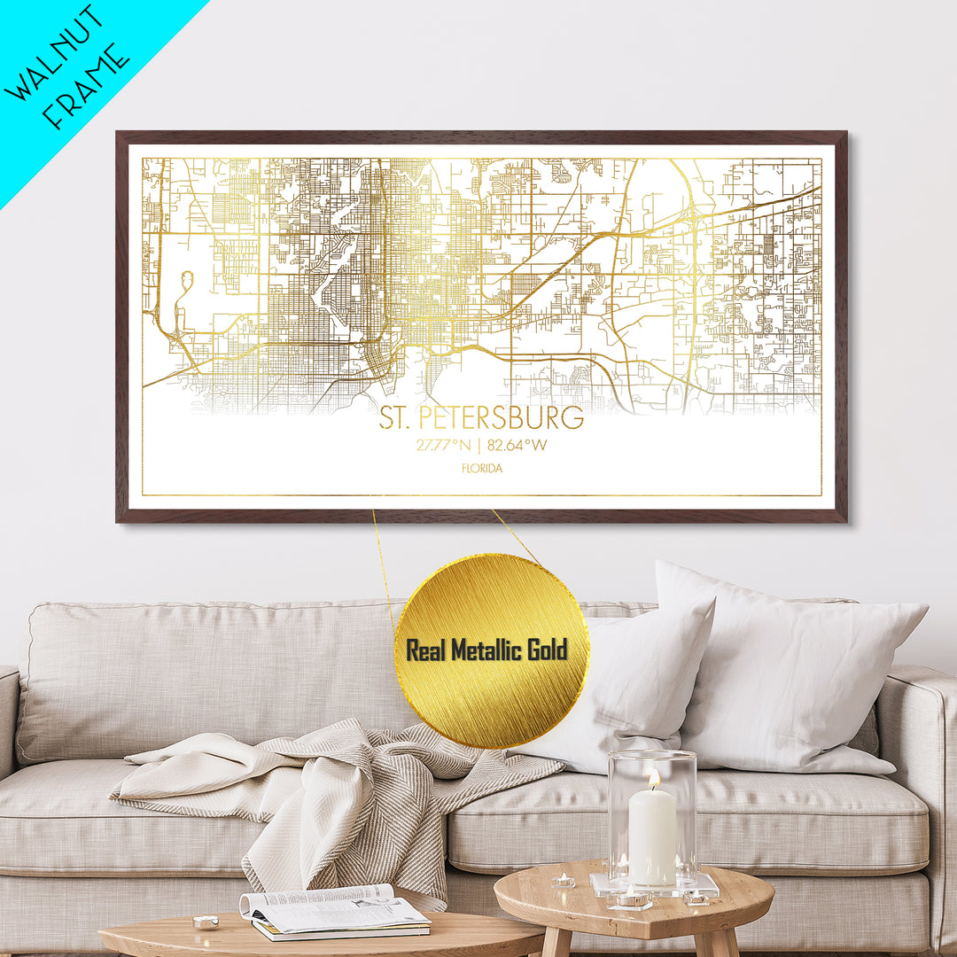 St. Petersburg Florida City street map, Metallic Gold Print, Metal Art, wood framed map, black and gold, Street Map Art, Real Wood Frames