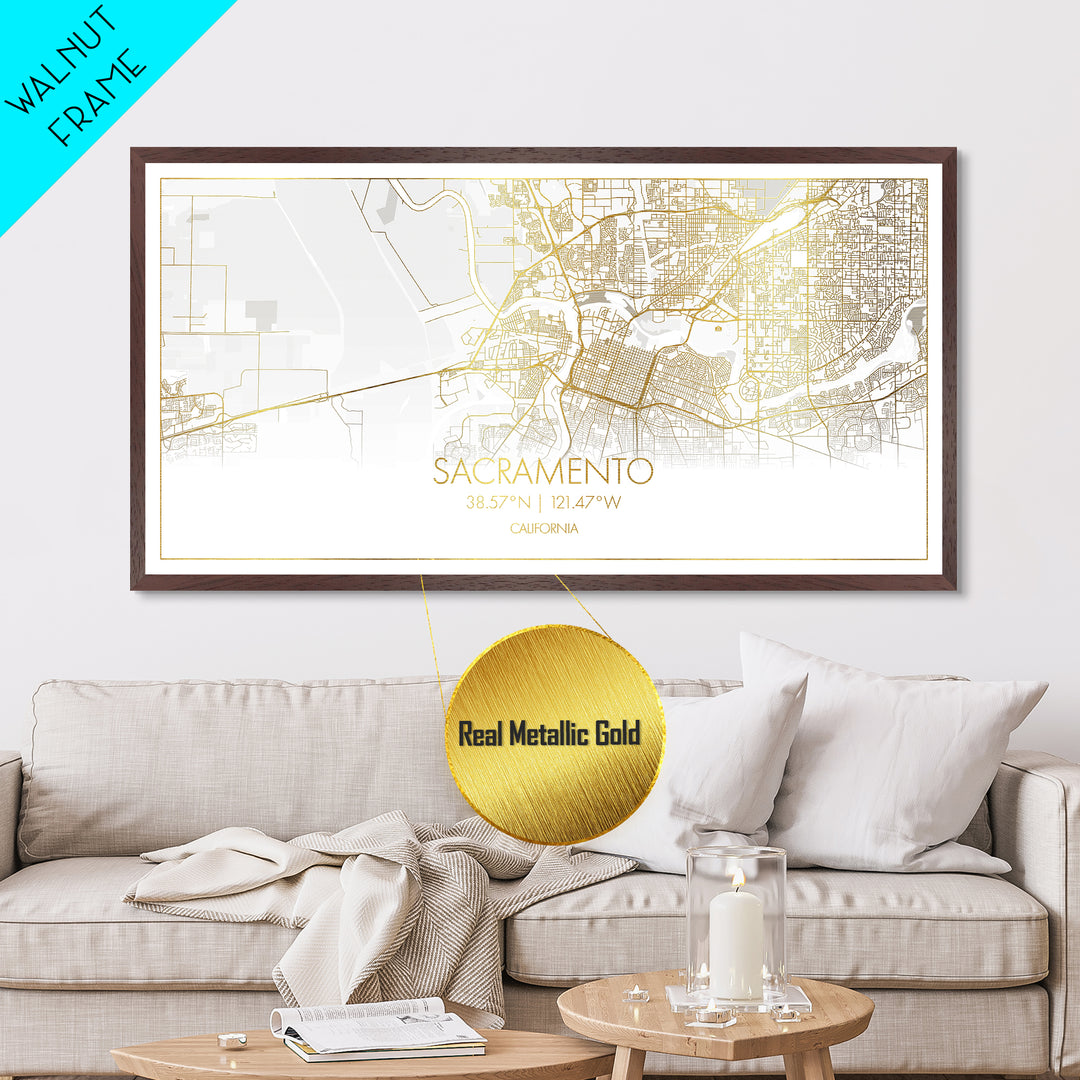 Sacramento California City Poster, Metallic Gold Art, Metal Art, real wood frames, black and gold, Street Map Wall Art, Minimalist Wall Art