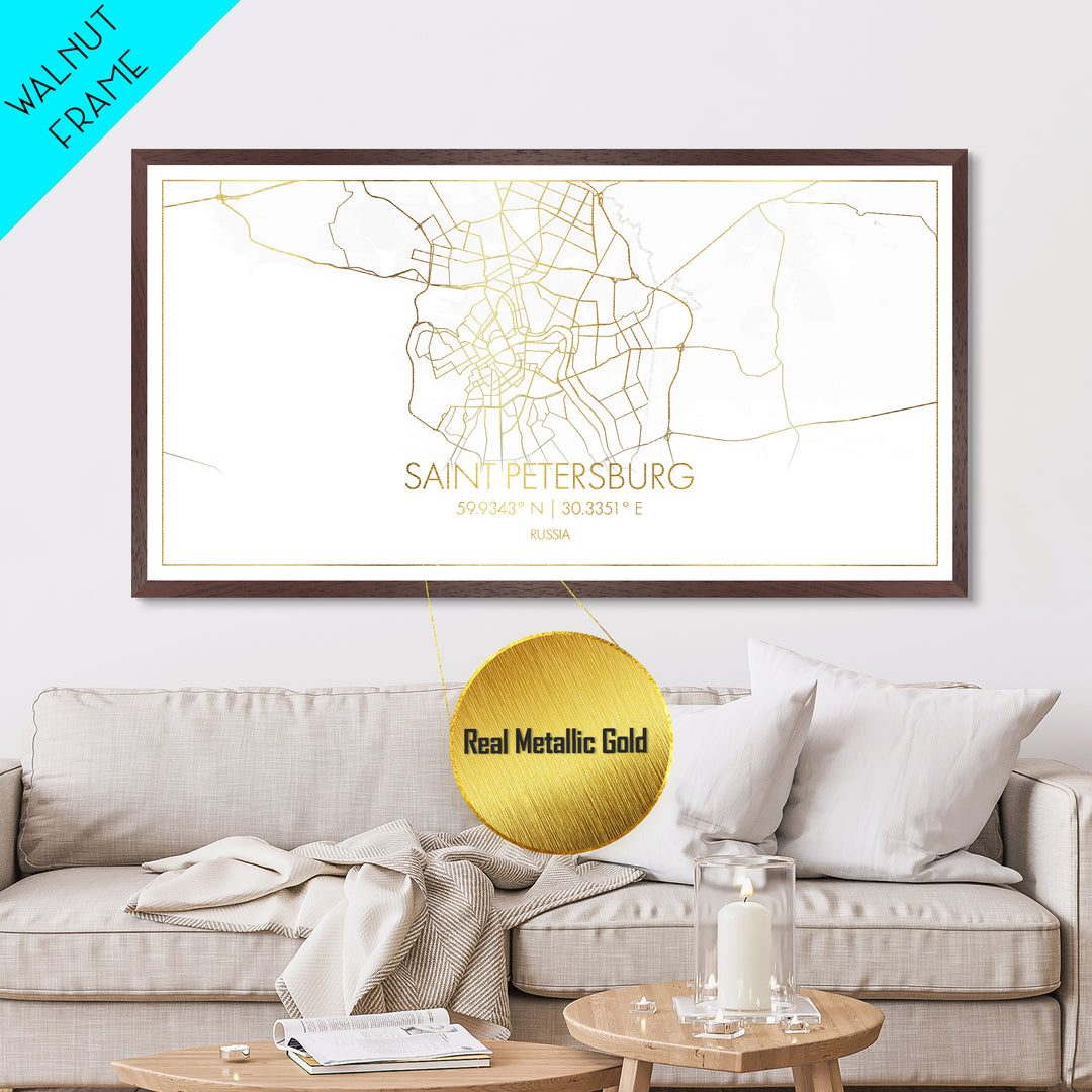 Saint Petersburg Russia City street map, Metallic Gold Print, Metal Art, wood framed map, black and gold, Street Map Art, Real Wood Frames
