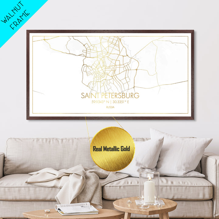 Saint Petersburg Russia City street map, Metallic Gold Print, Metal Art, wood framed map, black and gold, Street Map Art, Real Wood Frames