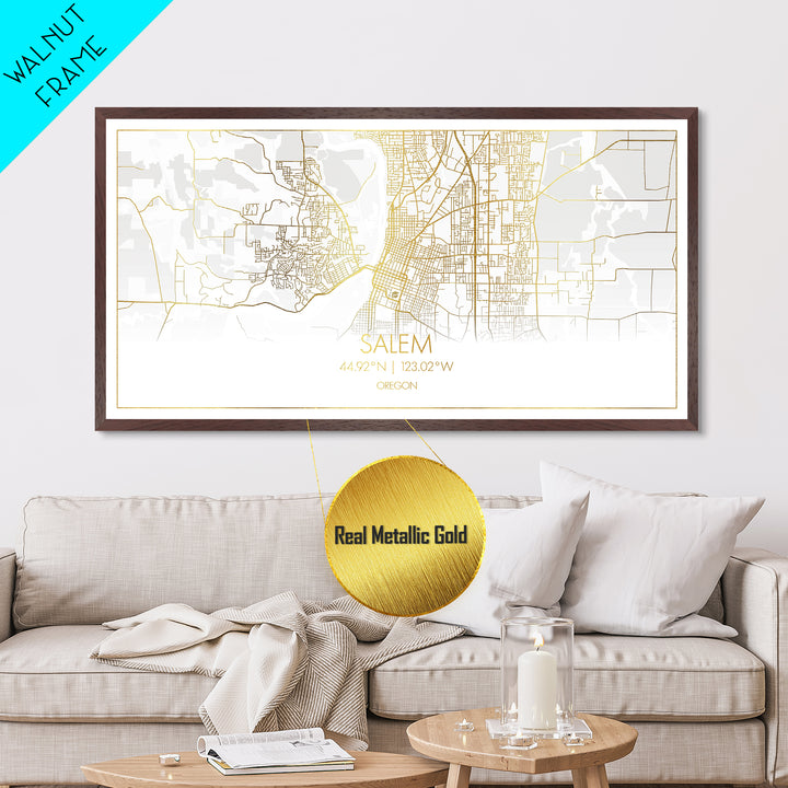 Salem Oregon City Poster, Metallic Gold Art, Metal Art, real wood frames, black and gold, Street Map Wall Art, Gold Street Map Art