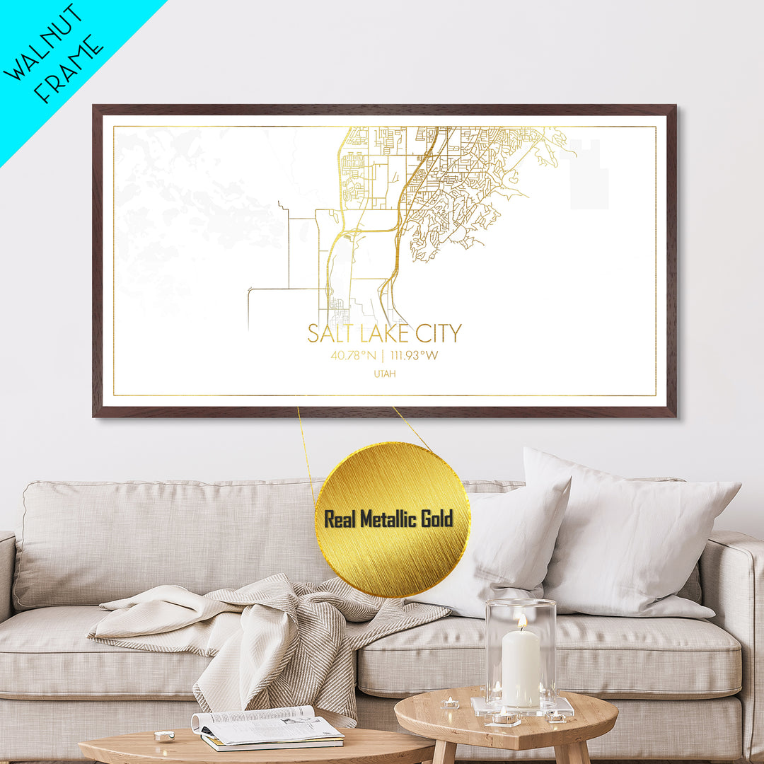 Salt Lake City Utah City street map, Metallic Gold Print, Metal Art, wood framed map, black and gold, Street Map Art, Best Friend Gifts