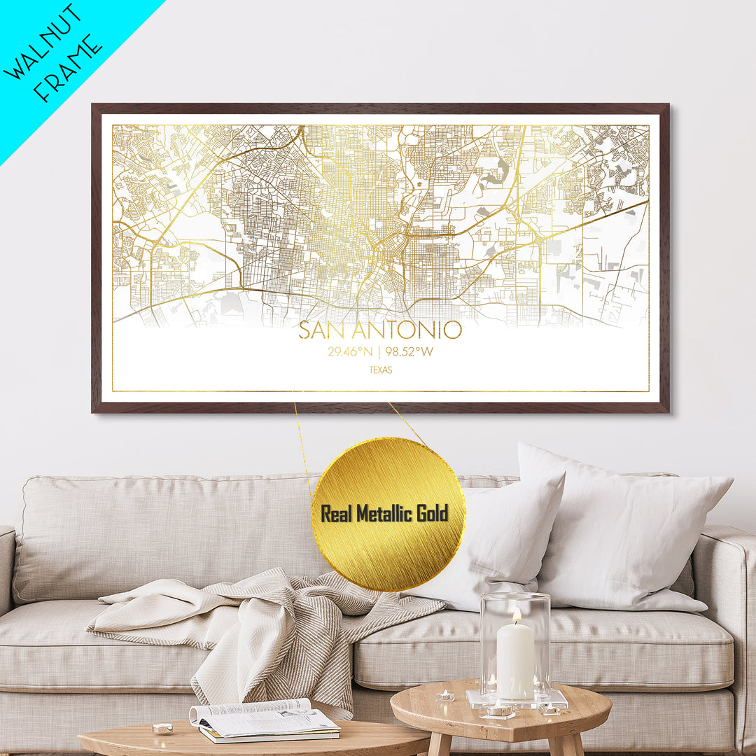 San Antonio Texas City Poster, Metallic Gold Art, Metal Art, real wood frames, black and gold, Street Map Wall Art, College Dorm Décor