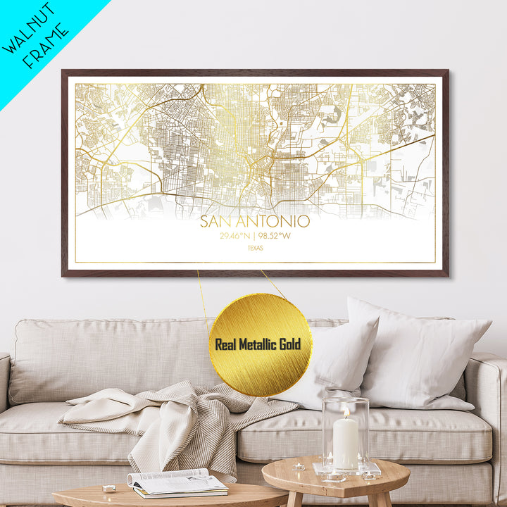San Antonio Texas City Poster, Metallic Gold Art, Metal Art, real wood frames, black and gold, Street Map Wall Art, College Dorm Décor