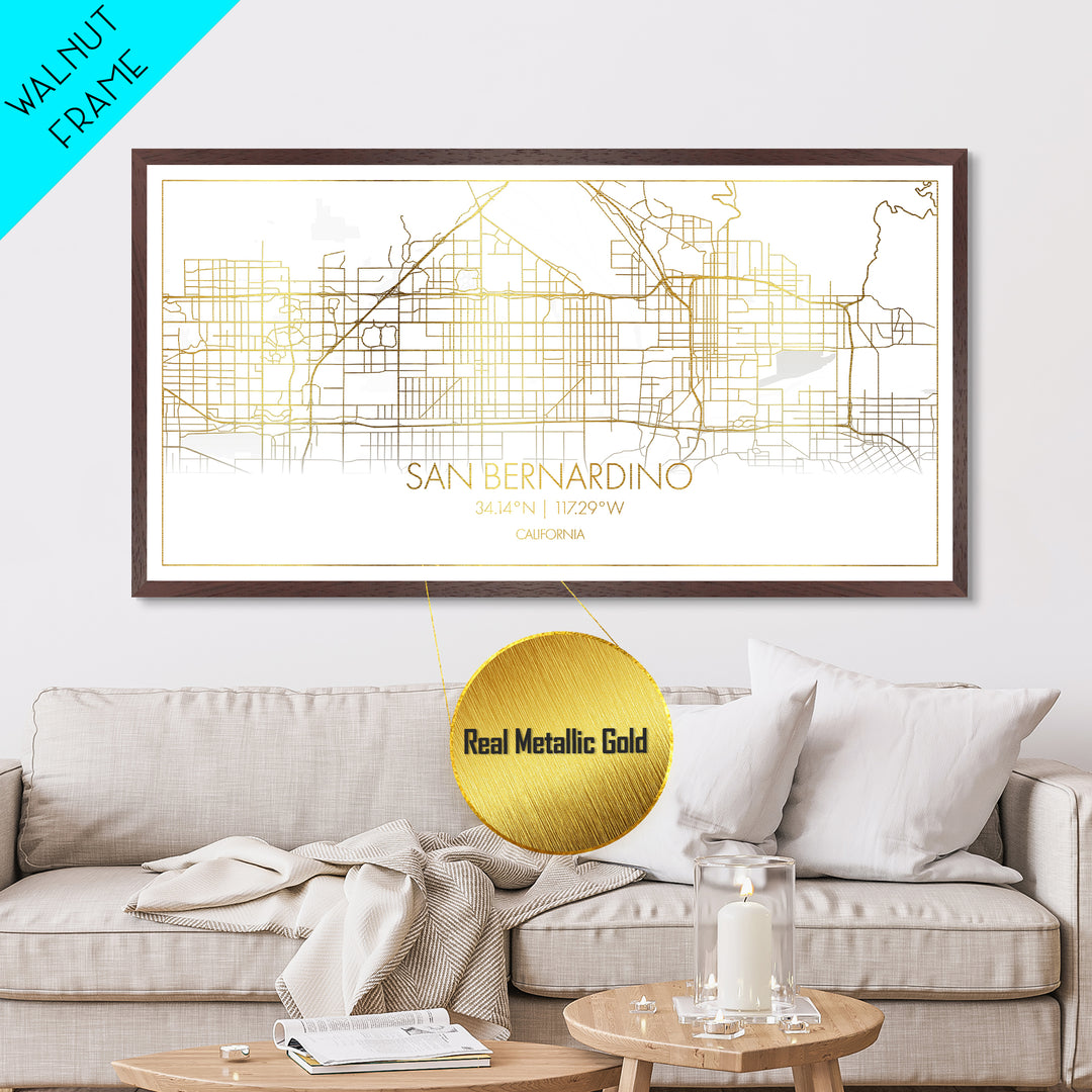 San Bernardino California City street map, Metallic Gold Print, Metal Art, wood framed map, black and gold, Street Map Art, Map Print Poster