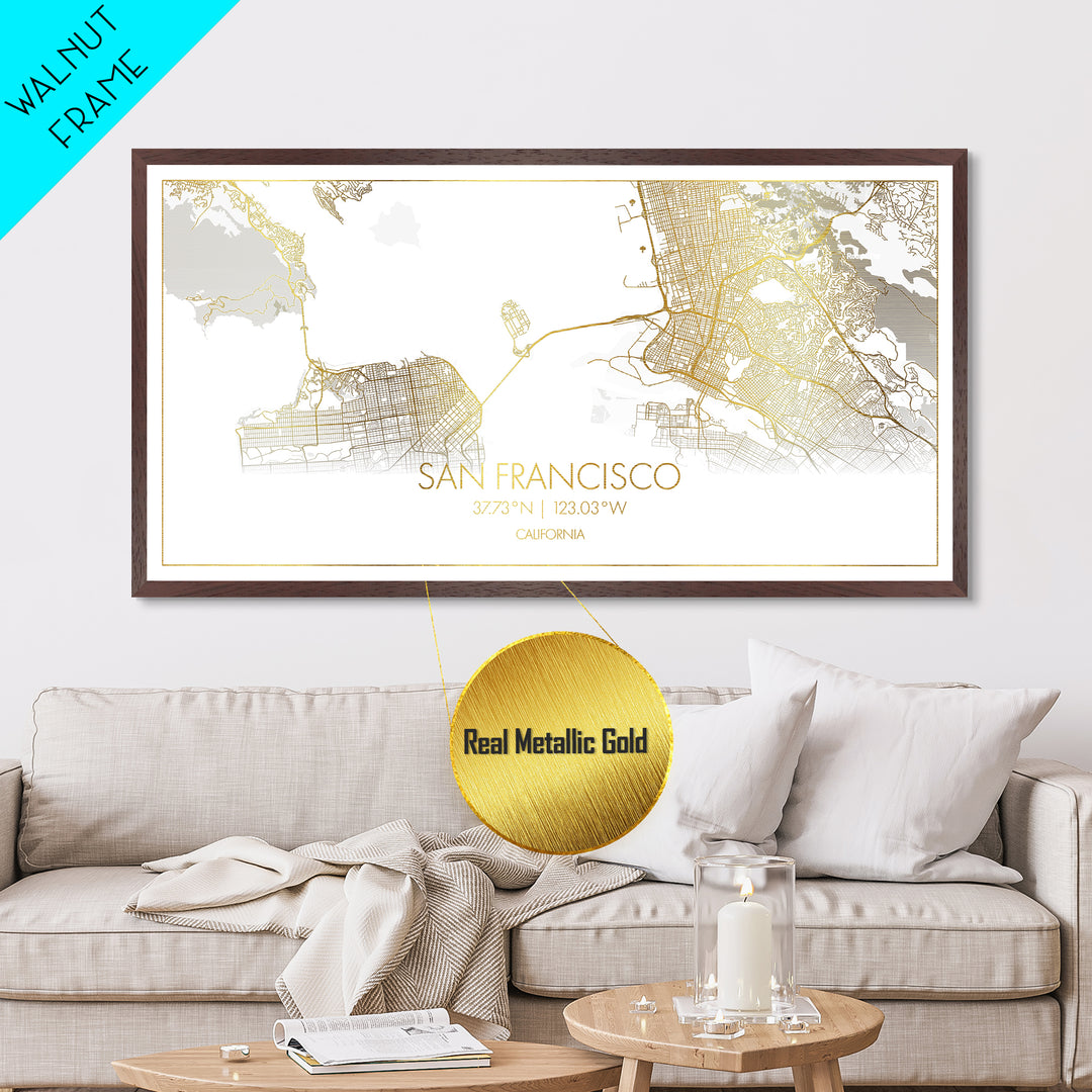 San Francisco California City street map, Metallic Gold Print, Metal Art, wood framed map, black and gold, Street Map Art, Gold Street Map Art