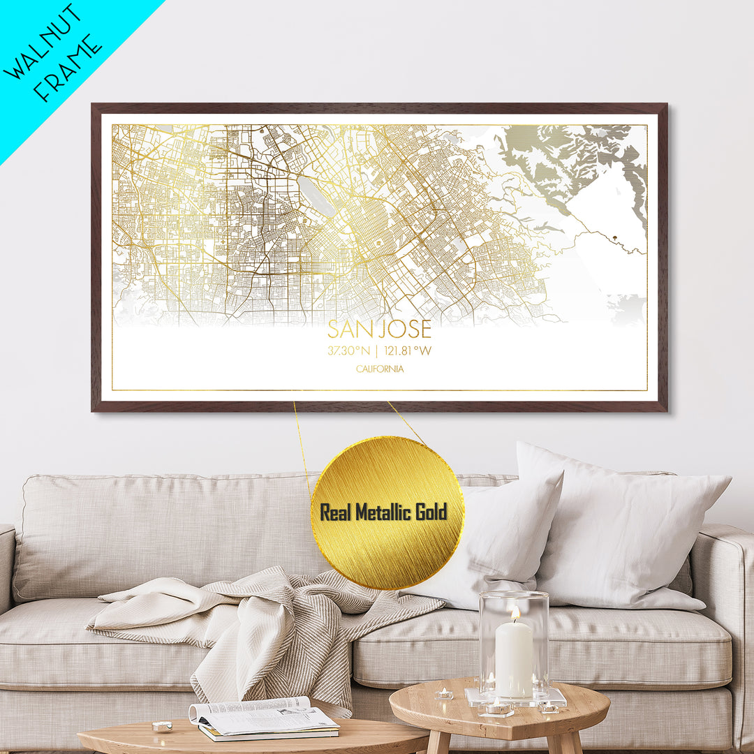 San Jose California City Poster, Metallic Gold Art, Metal Art, real wood frames, black and gold, Street Map Wall Art, Housewarming Gift