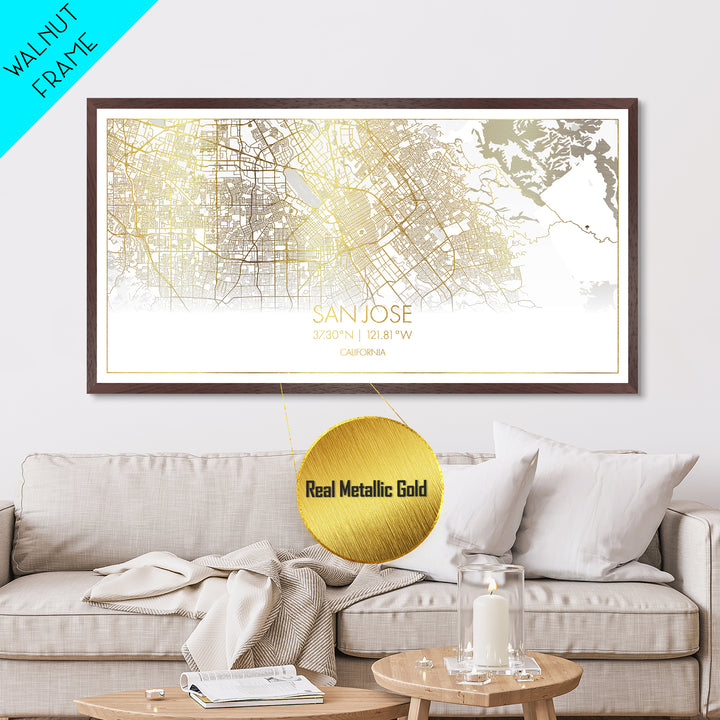 San Jose California City Poster, Metallic Gold Art, Metal Art, real wood frames, black and gold, Street Map Wall Art, Housewarming Gift