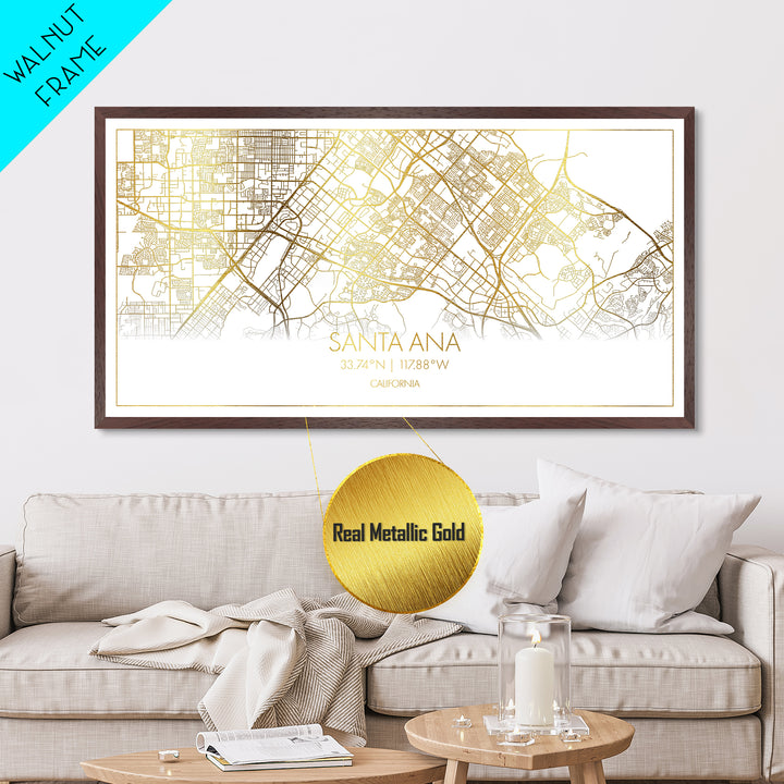 Santa Ana California City street map, Metallic Gold Print, Metal Art, wood framed map, black and gold, Street Map Art, Modern Wall Art