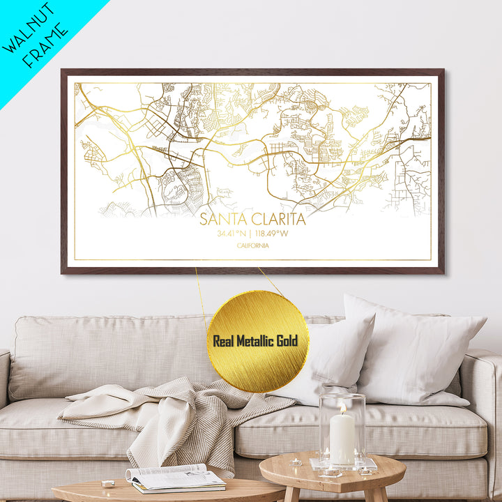 Santa Clarita California City Poster, Metallic Gold Art, Metal Art, real wood frames, black and gold, Street Map Wall Art, Real Wood Frames